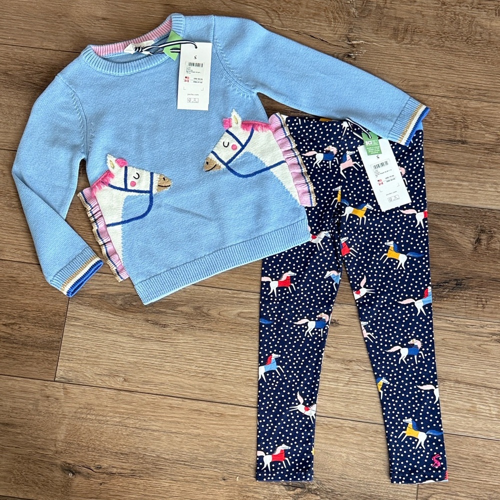 Joules Blue Horse Knit Sweater with coordinating patterned leggings - Size 5